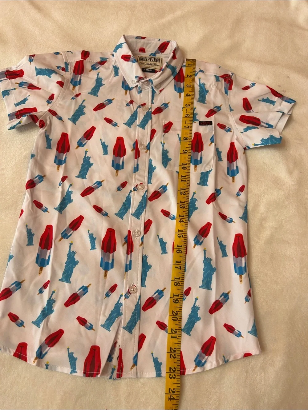 RSVLTS White Short-Sleeve Button-Down with Red & Blue Popsicle and Statue Print